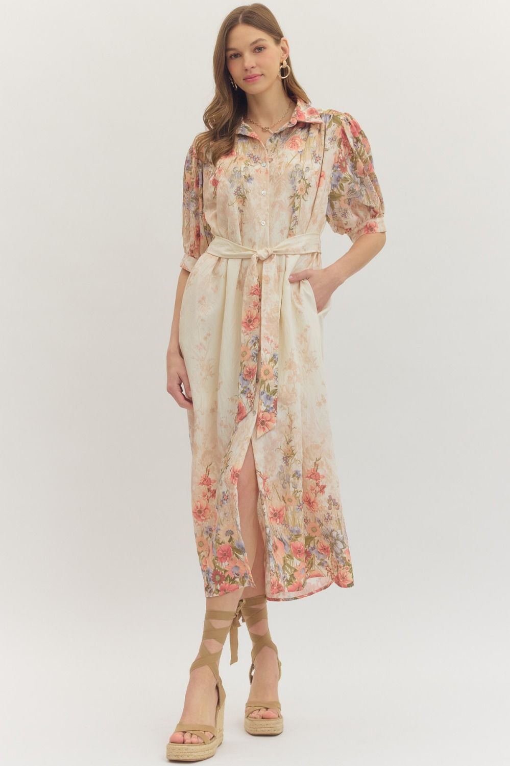 ENTRO Botanical Print Short Puff Sleeve Midi Dress In Rosey Multi