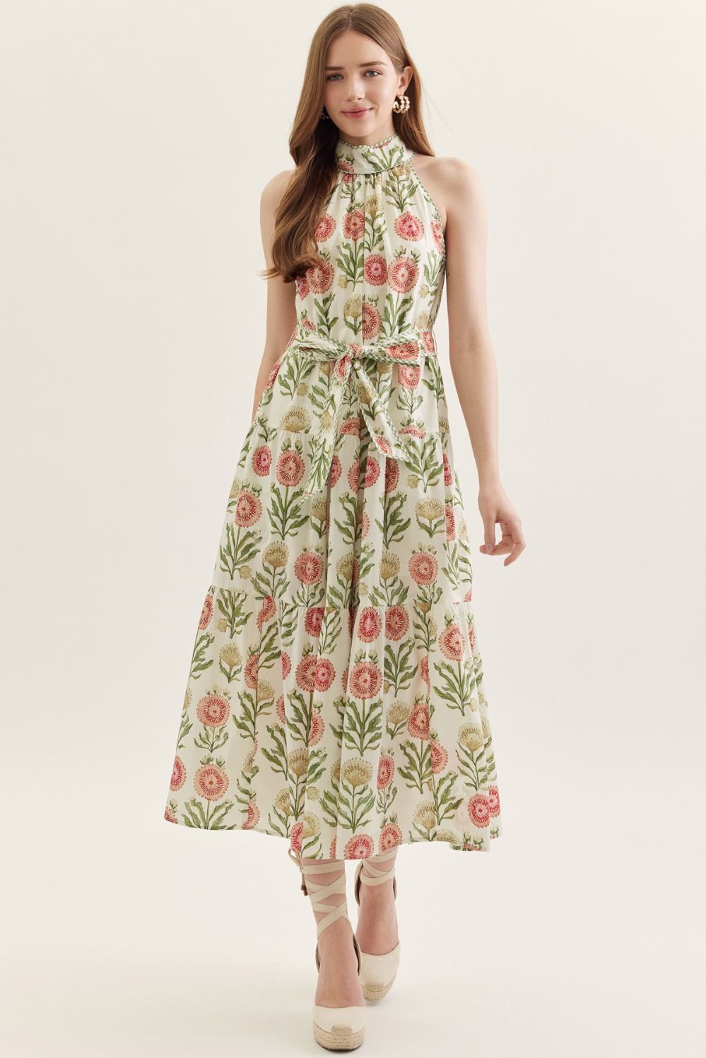 ENTRO Botanical Print Halter Neck Midi Dress With Tie Waist In Ecru