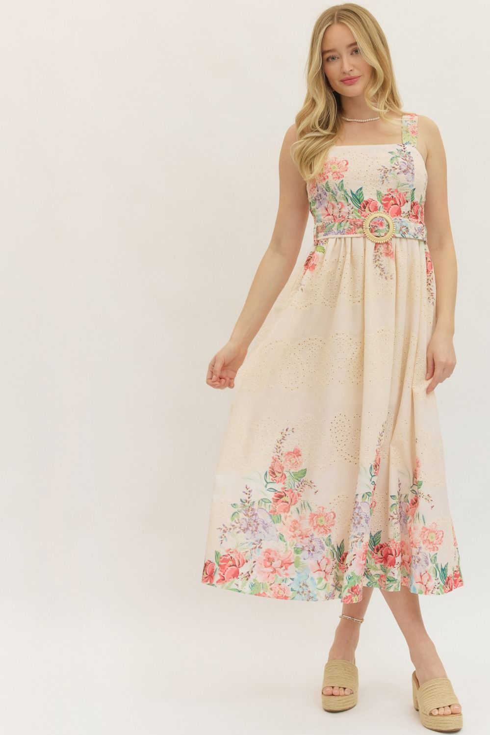 ENTRO Botanical Print Sleeveless Midi Dress In Coral