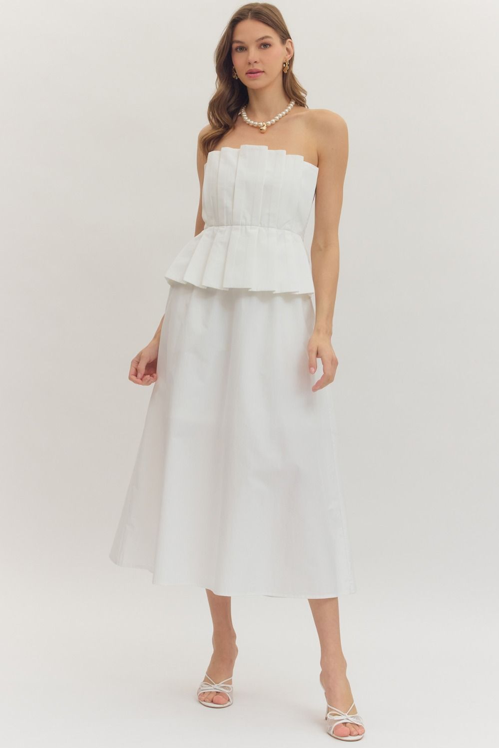 ENTRO Solid Strapless Midi Dress With Pleated Bodice In Off White
