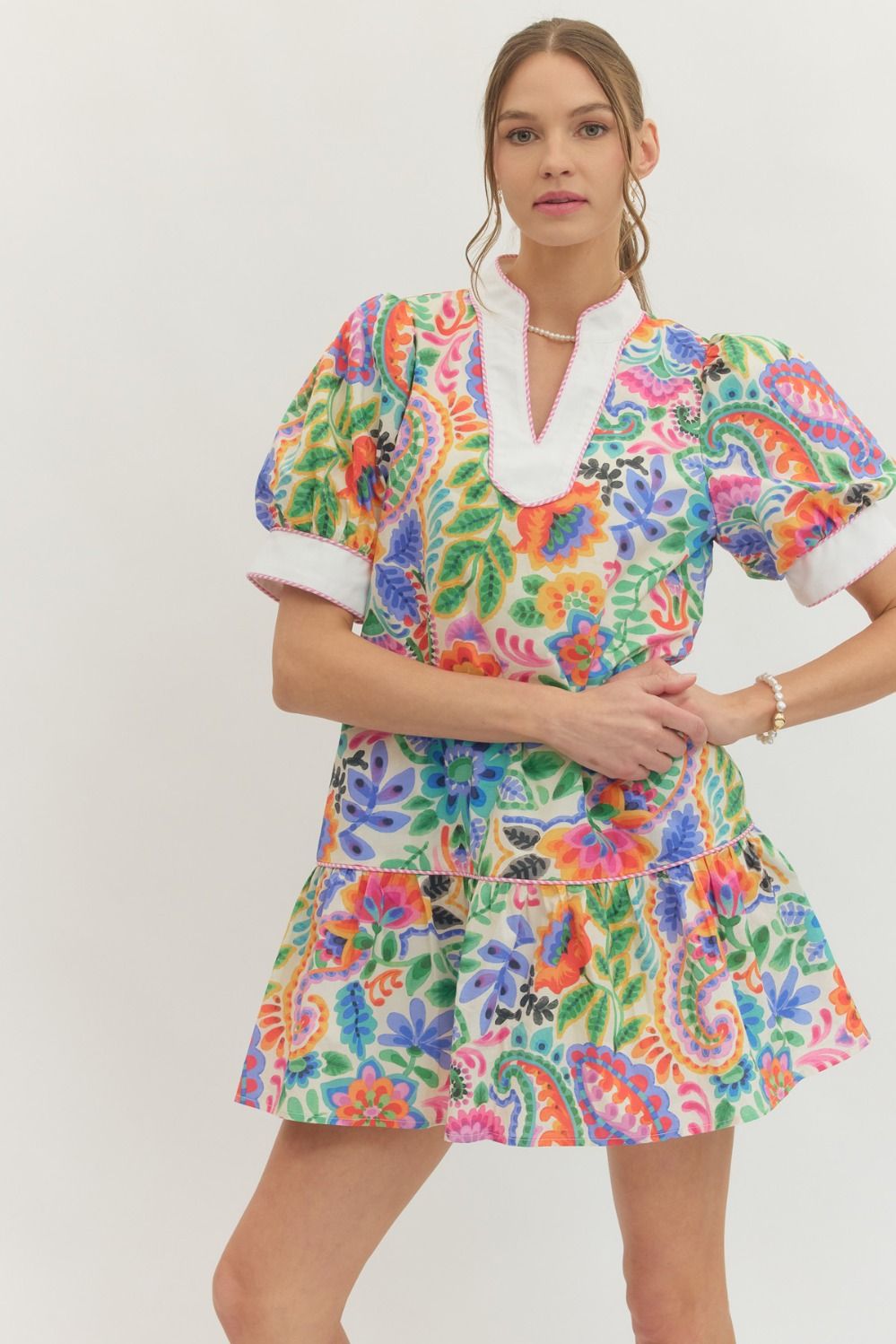 ENTRO Botanical Print Puff Sleeve Mini Dress