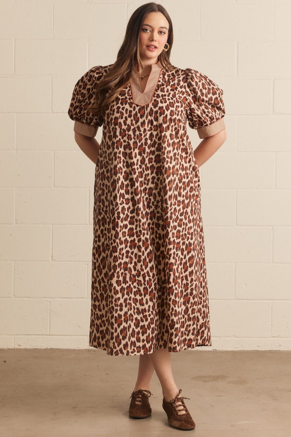 ENTRO Leopard Print Puff Sleeve Midi Dress In Ecru PLUS Sizes