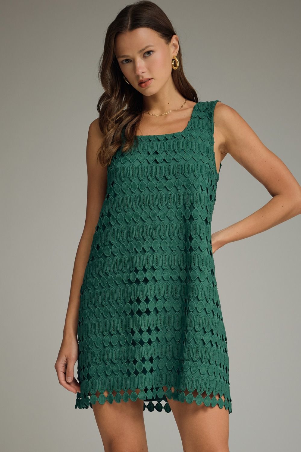 ENTRO Solid Mini Dress With Openwork Overlay In Pine