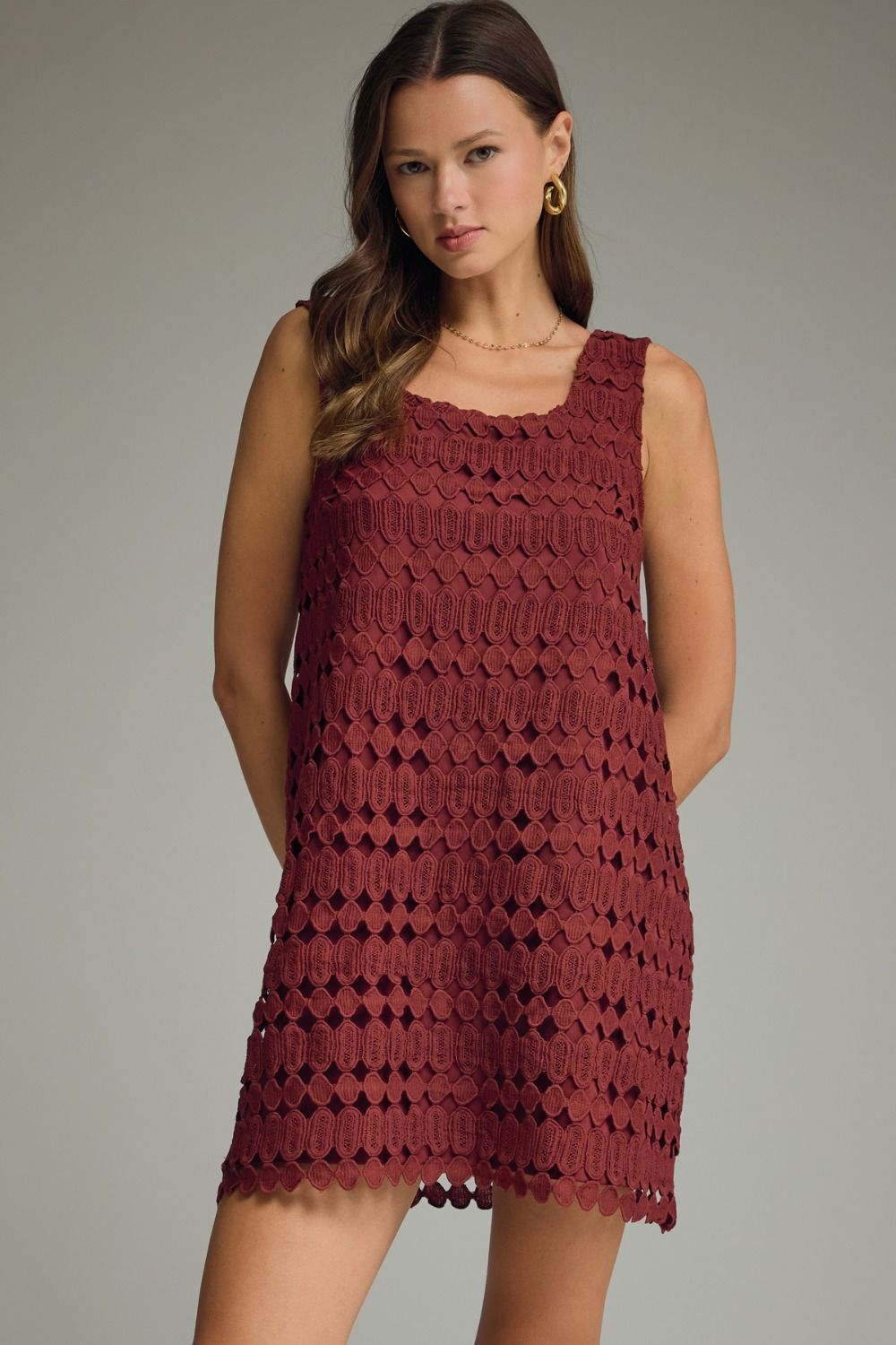 ENTRO Solid Mini Dress With Openwork Overlay In Wine