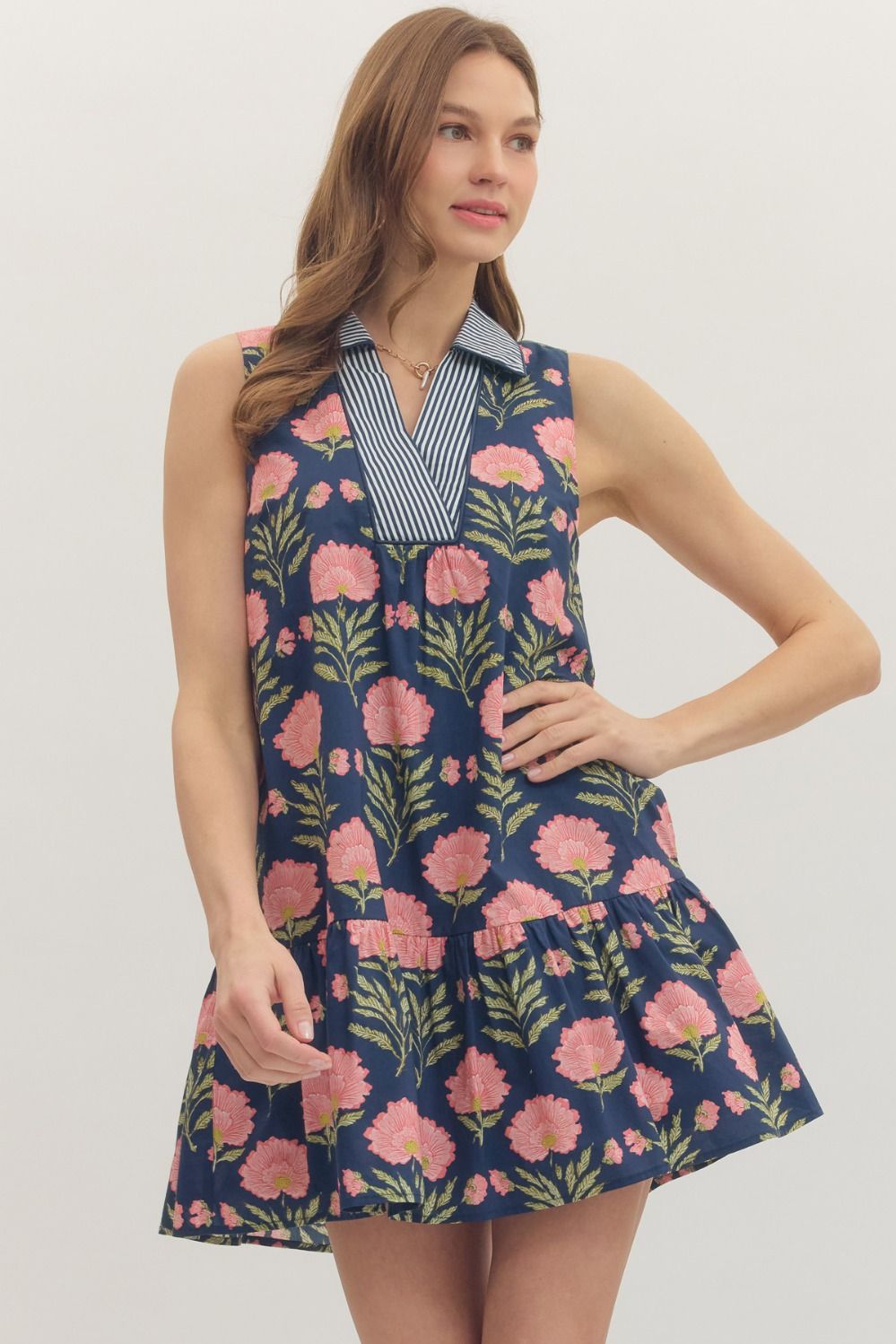 ENTRO Botanical Print Mini Dress In Navy