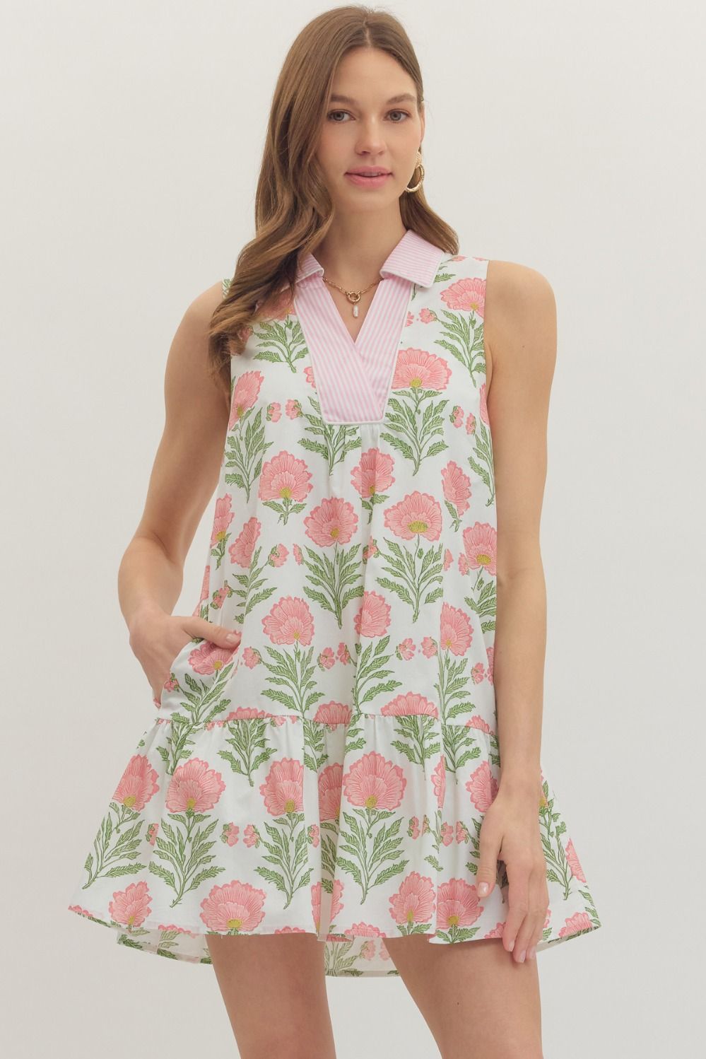 ENTRO Botanical Print Mini Dress In Off White