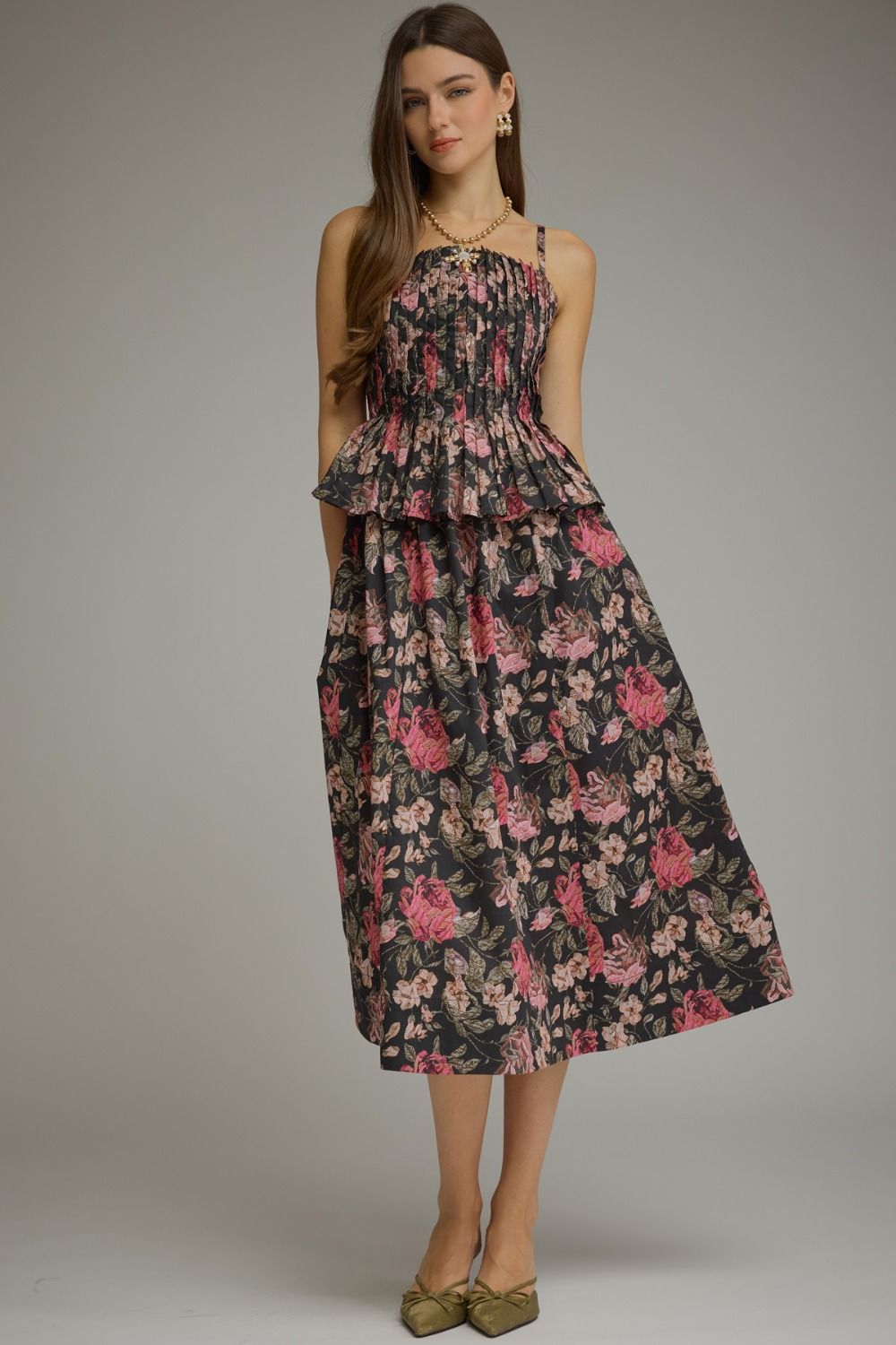 ENTRO Floral Sleeveless Midi Dress With Smocked Bodice In Black *COMING SOON*