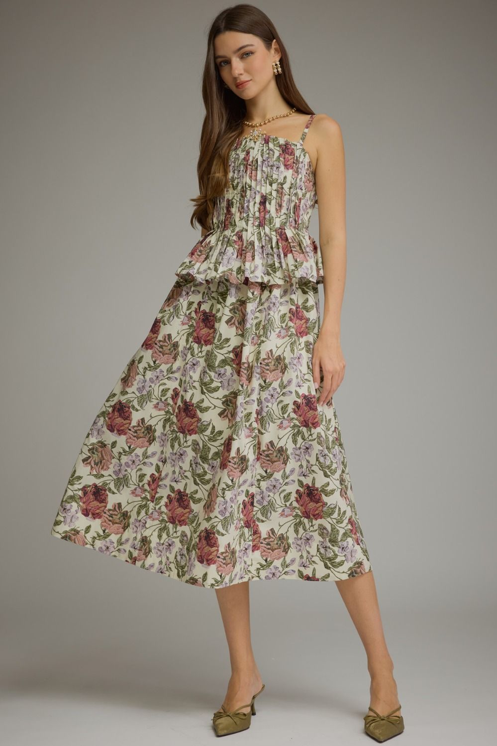ENTRO Floral Sleeveless Midi Dress With Smocked Bodice In Ecru *COMING SOON*