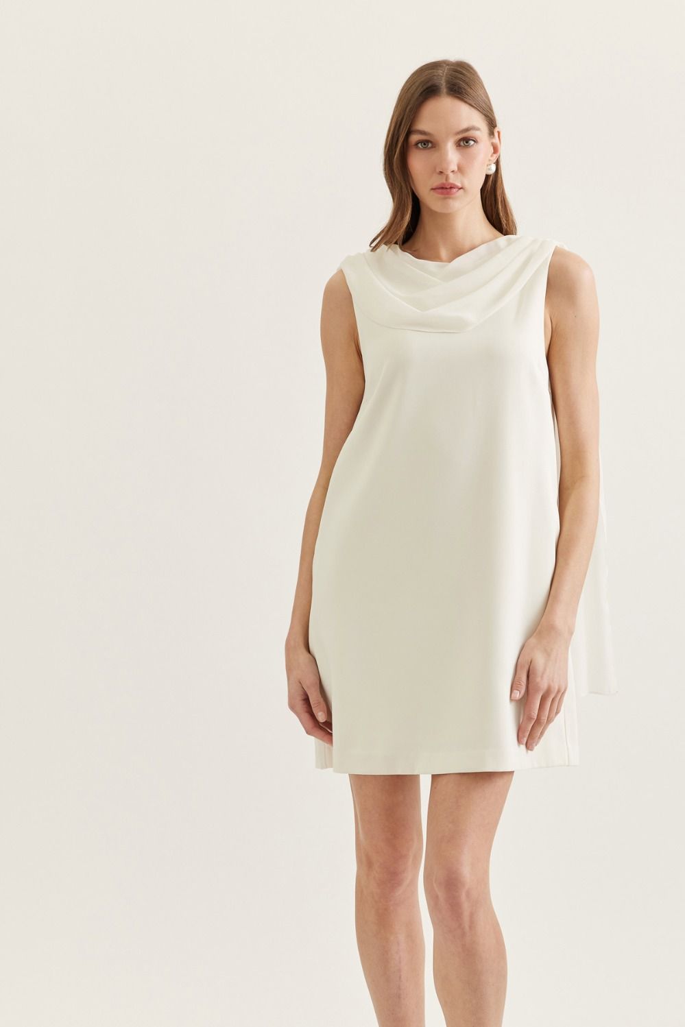 ENTRO Solid Sleeveless Mini Dress With Back Scarf In Cream