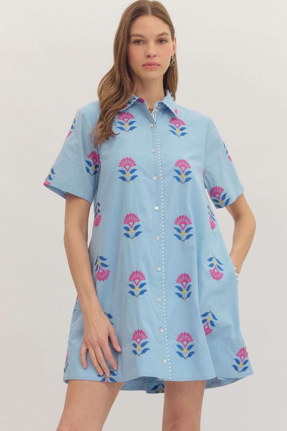 ENTRO Embroidered Shirt Mini Dress In Chambray