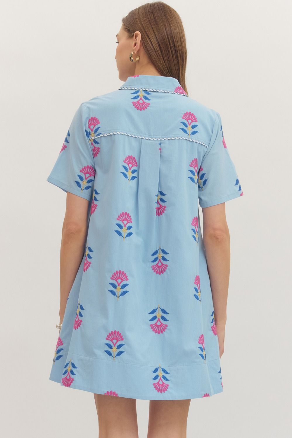 ENTRO Embroidered Shirt Mini Dress In Chambray