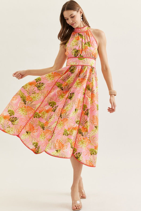 ENTRO Botanical Print Sleeveless Halter Dress In Pink