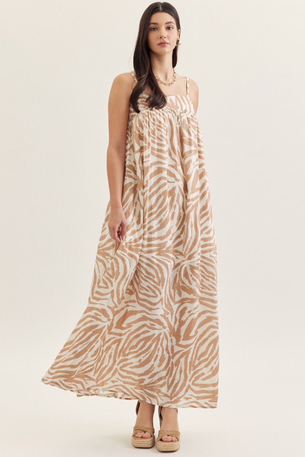 ENTRO Printed Sleeveless Midi Dress In Tan