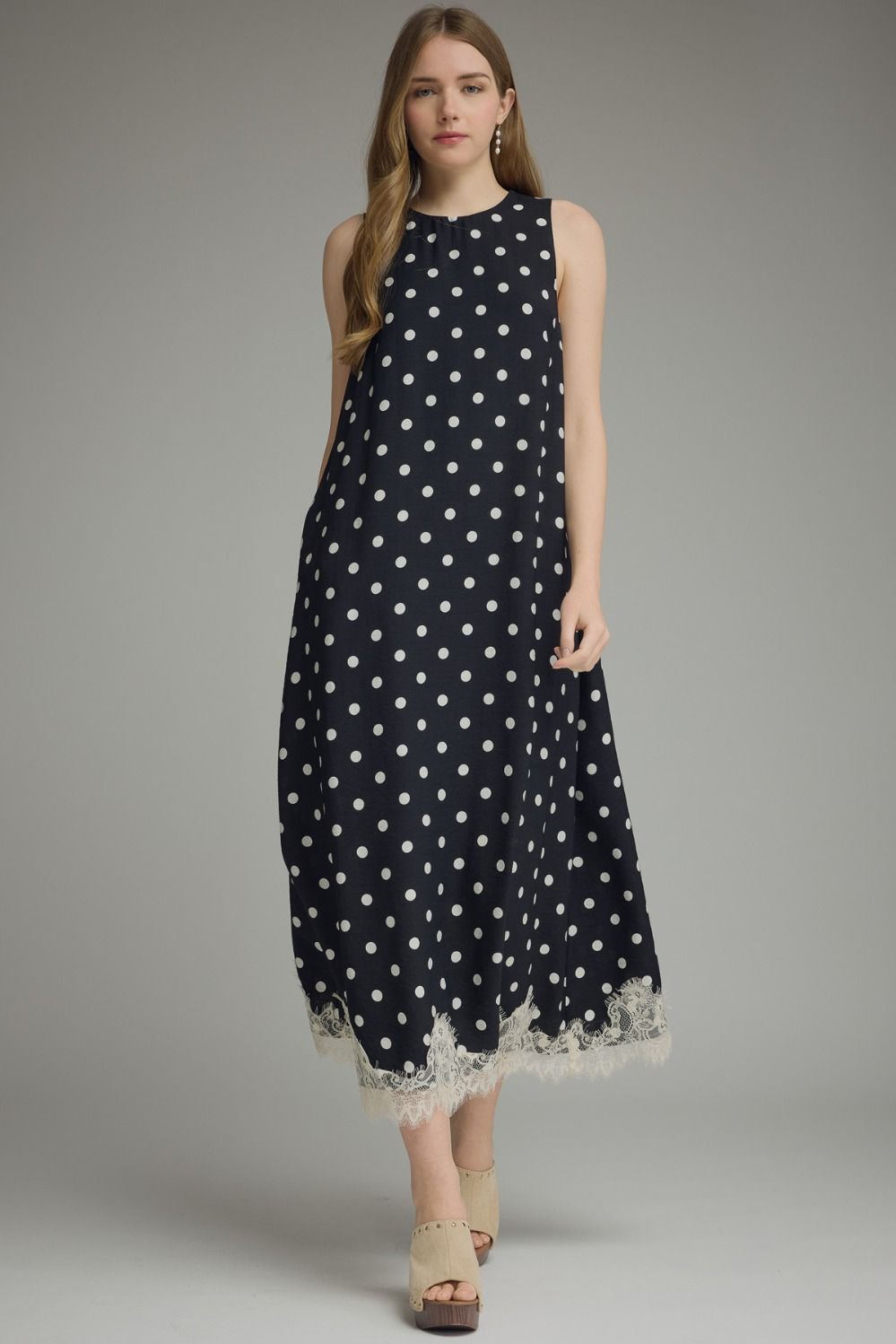 ENTRO Polka Dot Sleeveless Midi Dress With Lace Hem In Black *COMING SOON*