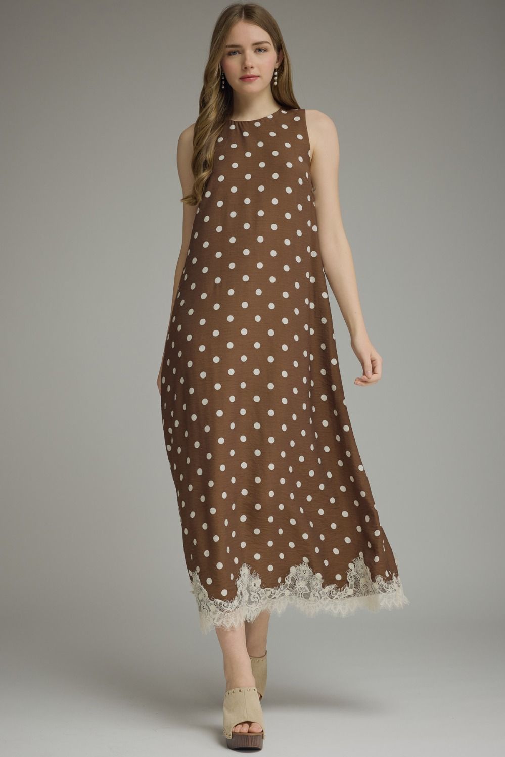ENTRO Polka Dot Sleeveless Midi Dress With Lace Hem In Brown *COMING SOON*