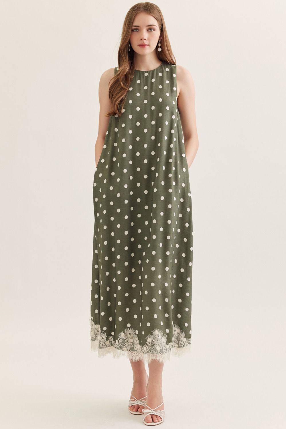 ENTRO Polka Dot Sleeveless Midi Dress With Lace Hem In Olive *COMING SOON*