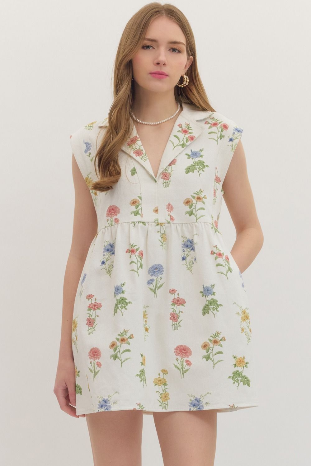ENTRO Botanical Print Sleeveless Mini Dress In Ecru