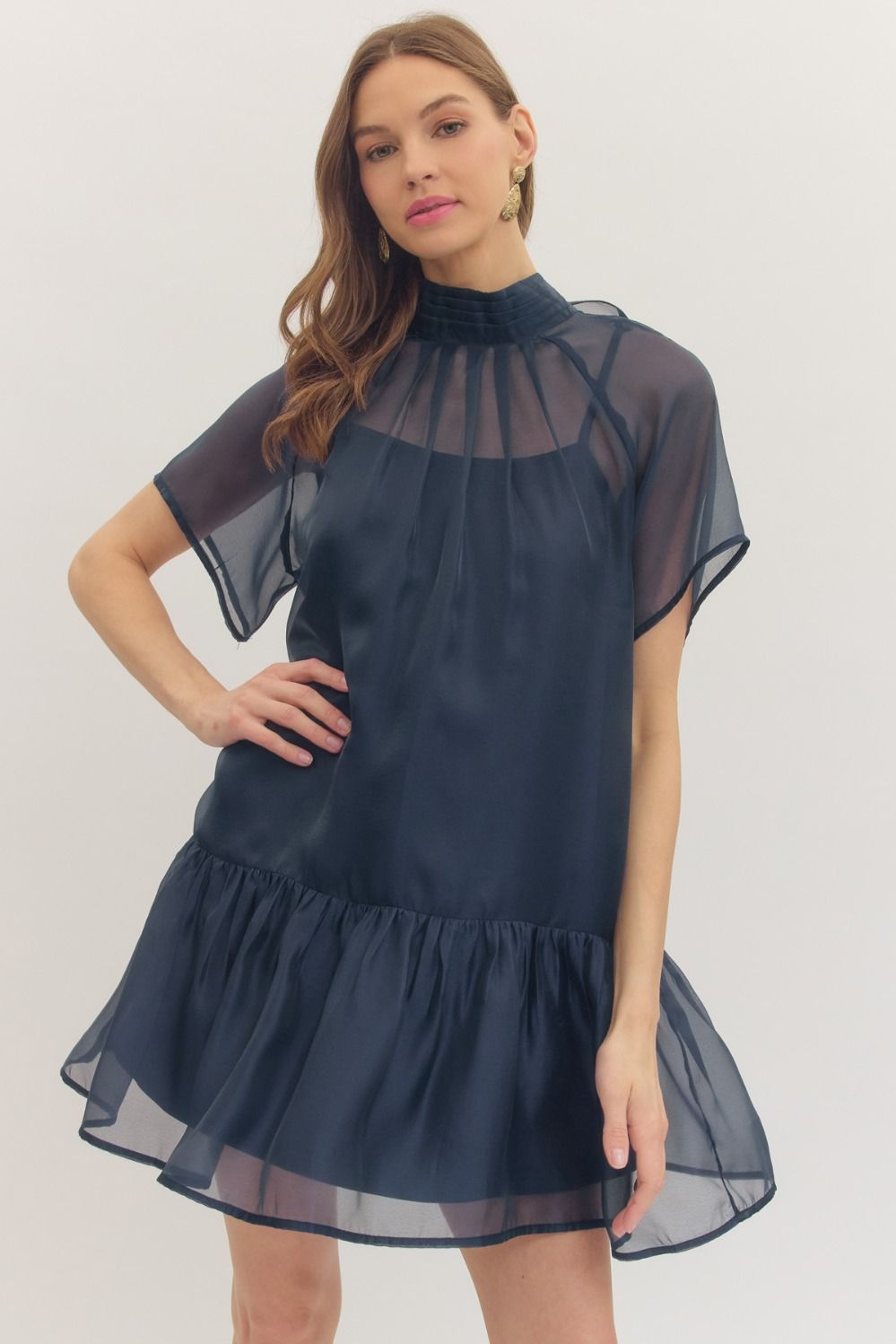 ENTRO Solid Flutter Sleeve Mini Dress With Pleated Mock Neck In Navy