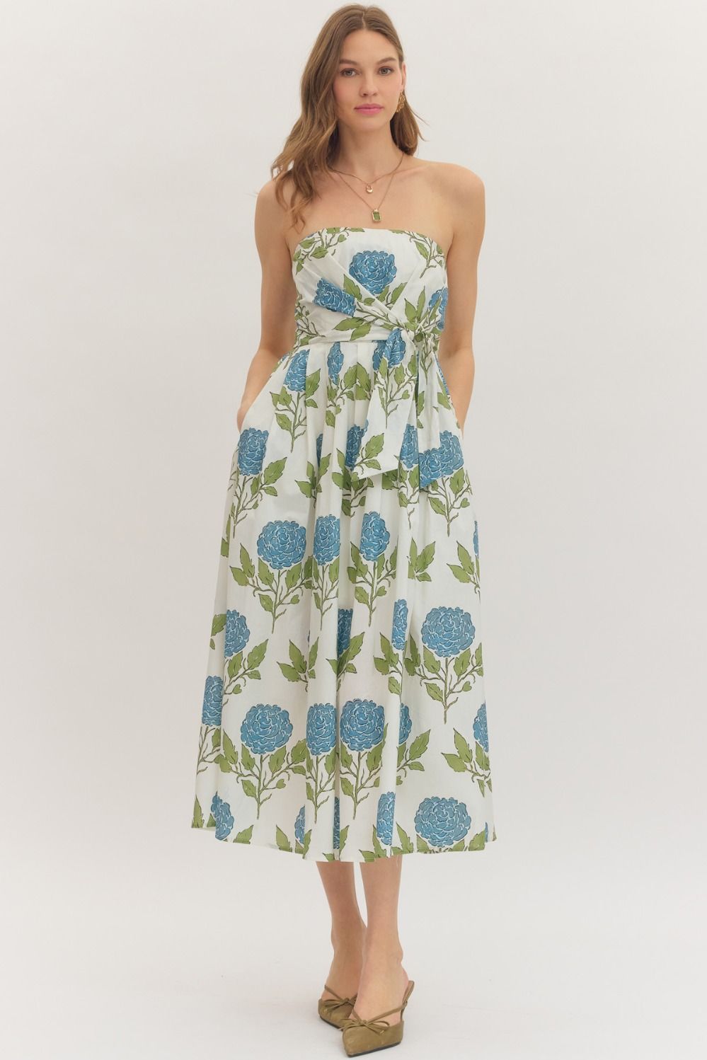 ENTRO Botanical Print Strapless Midi Dress In Blue