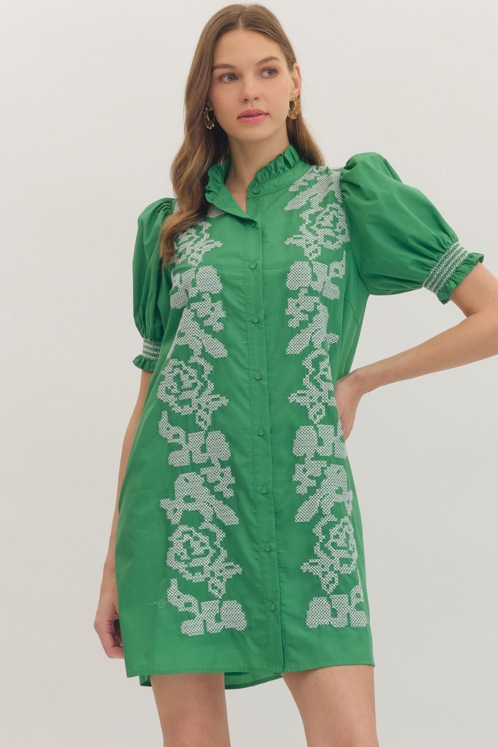 ENTRO Short Puff Sleeve Mini Dress With Embroidered Front Panel In Green