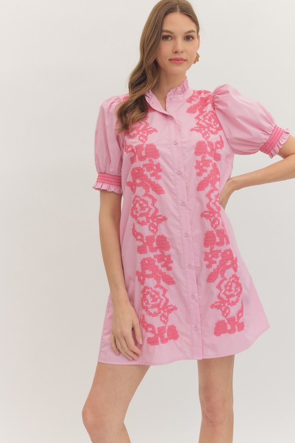 ENTRO Short Puff Sleeve Mini Dress With Embroidered Front Panel In Pink