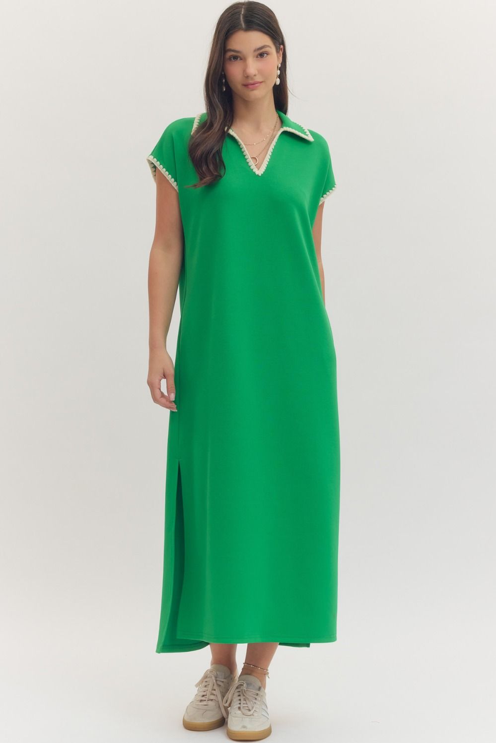 ENTRO Solid Contrast Trim V Neck Luxeknit Midi Dress In Green *COMING SOON*
