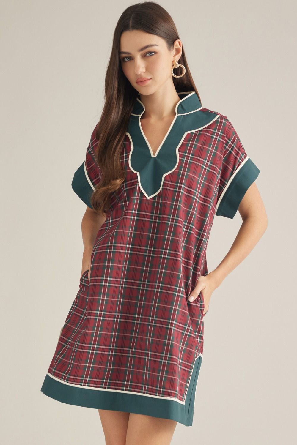ENTRO Plaid Mini Dress With Contrast V Neck In Red
