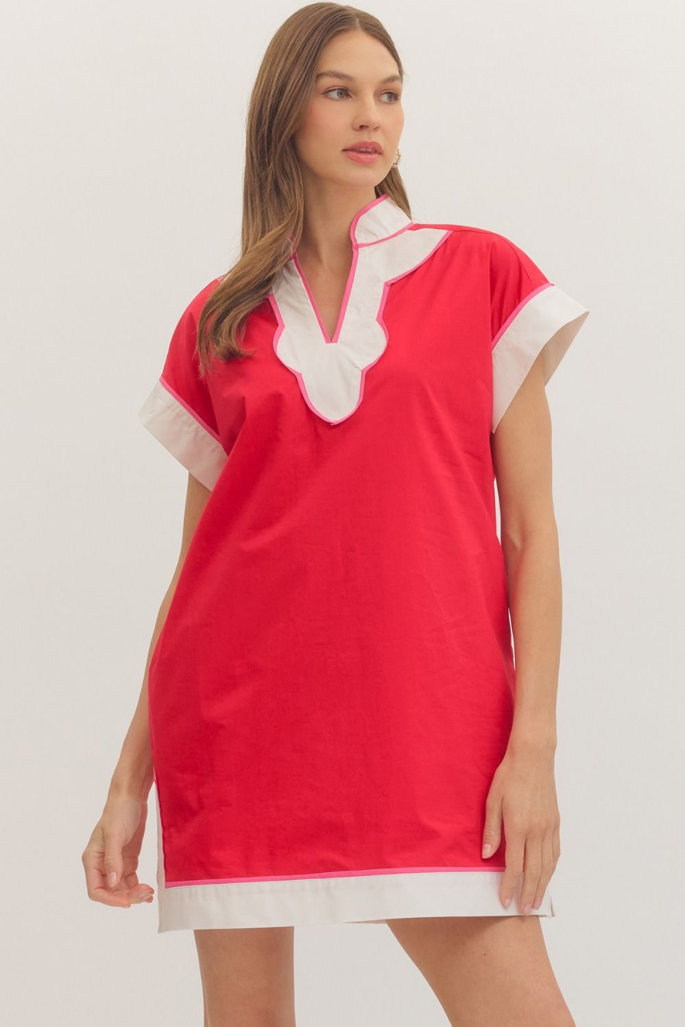ENTRO Solid Short Sleeve Mini Dress With Contrast Binding In Red