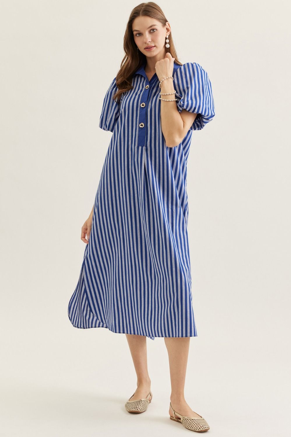 ENTRO Striped Puff Sleeve Midi Dress With Gold Buttons In Navy