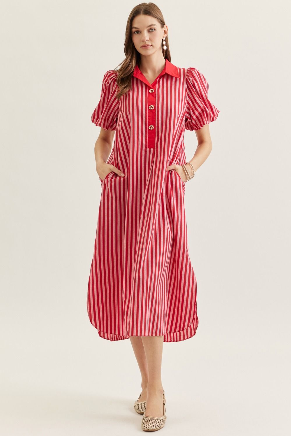 ENTRO Striped Puff Sleeve Midi Dress With Gold Buttons In Red