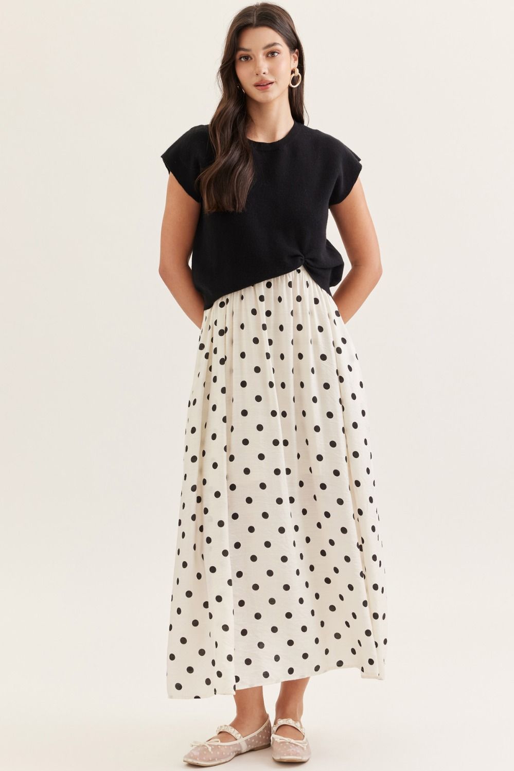 ENTRO Polka Dot Layered Midi Dress With Removable Pullover In Black *COMING SOON*