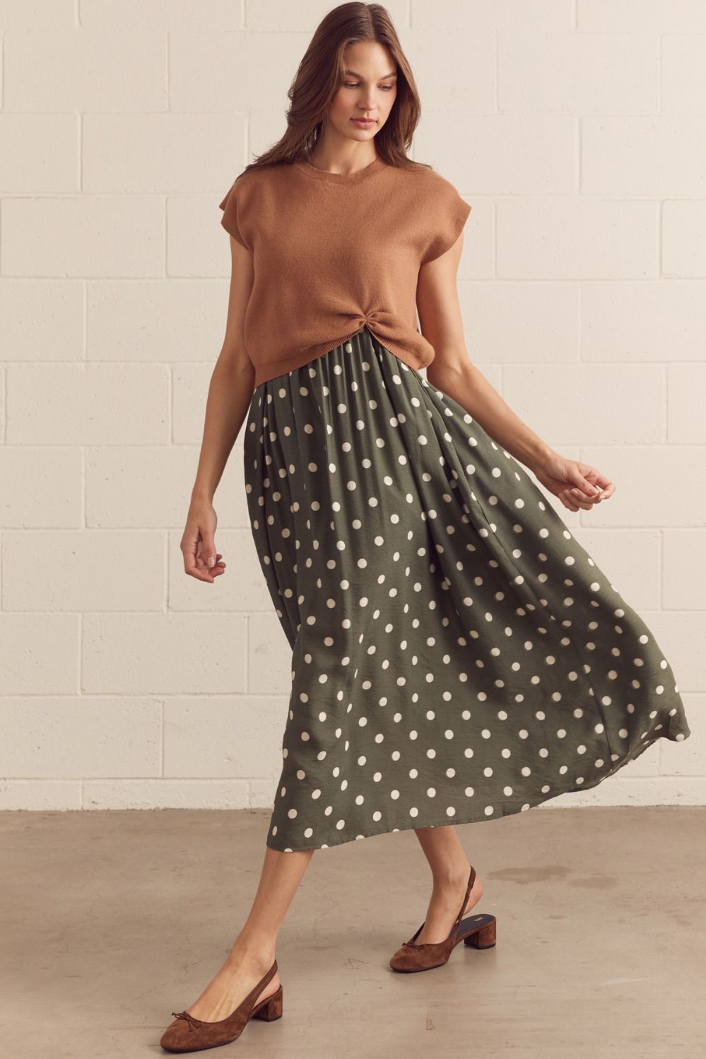 ENTRO Polka Dot Layered Midi Dress With Removable Pullover In Camel *COMING SOON*