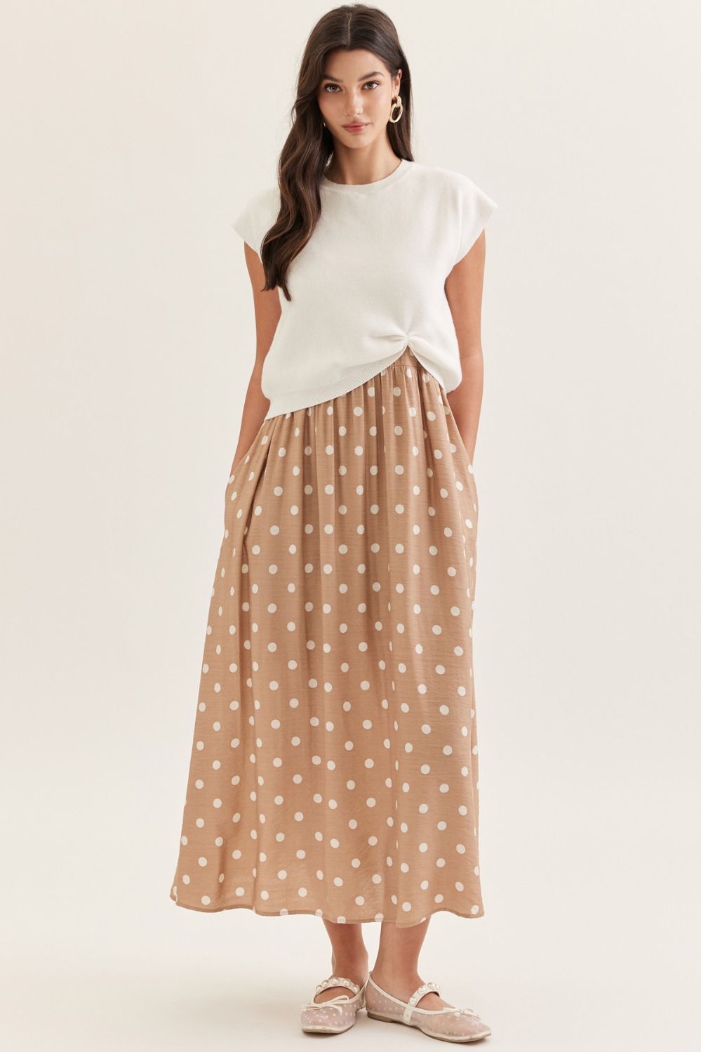 ENTRO Polka Dot Layered Midi Dress With Removable Pullover In Cream Tan
