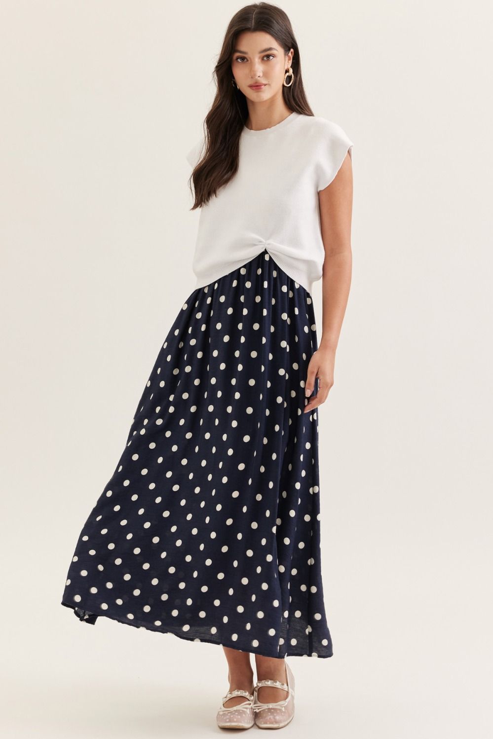 ENTRO Polka Dot Layered Midi Dress With Removable Pullover In White Navy