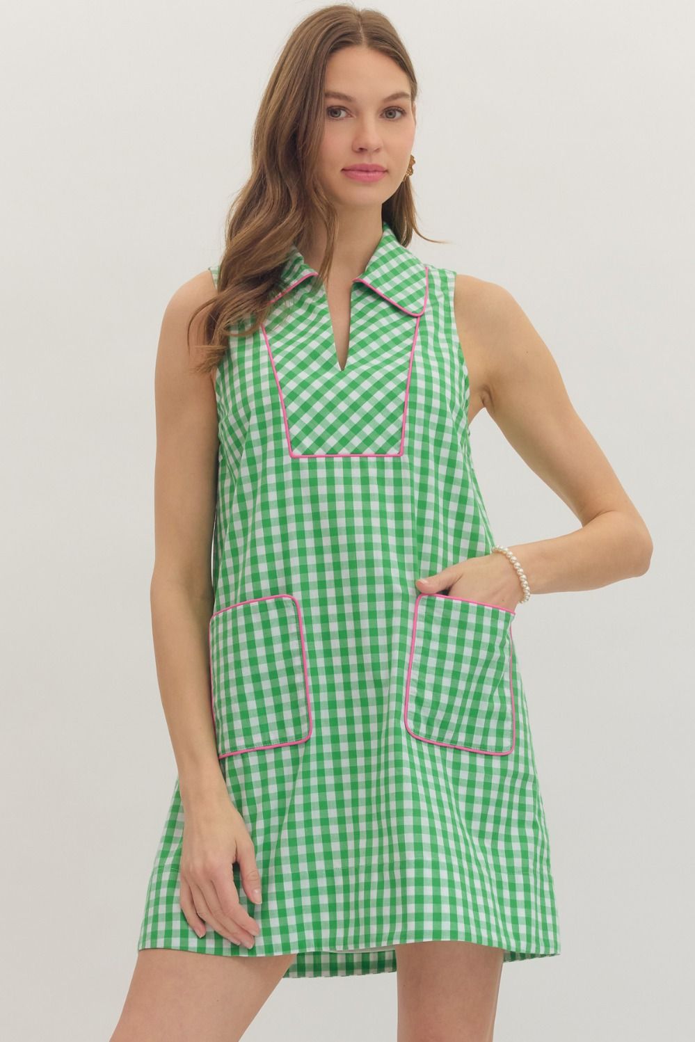 ENTRO Check Sleeveless Mini Dress With Contrast Piping In Green *COMING SOON*