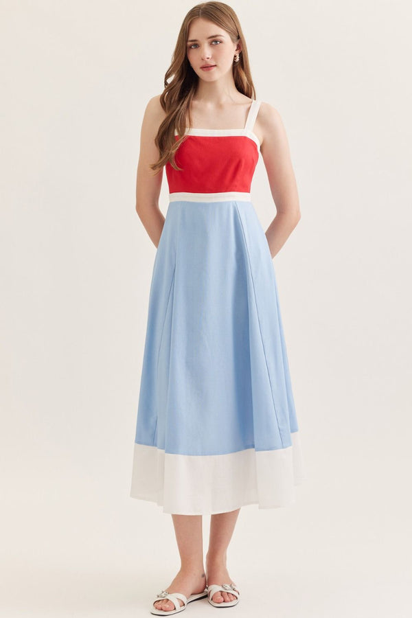 ENTRO Colorblock Sleeveless Midi Dress With Square Neck In Red & Blue