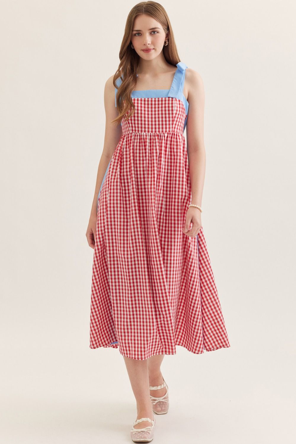 ENTRO Gingham Sleeveless Midi Dress With Shoulder Ties In Red