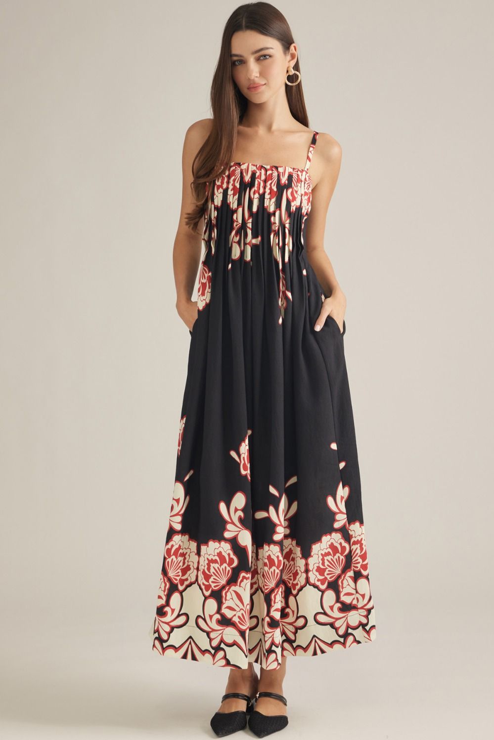 ENTRO Floral Print Maxi Dress In Black
