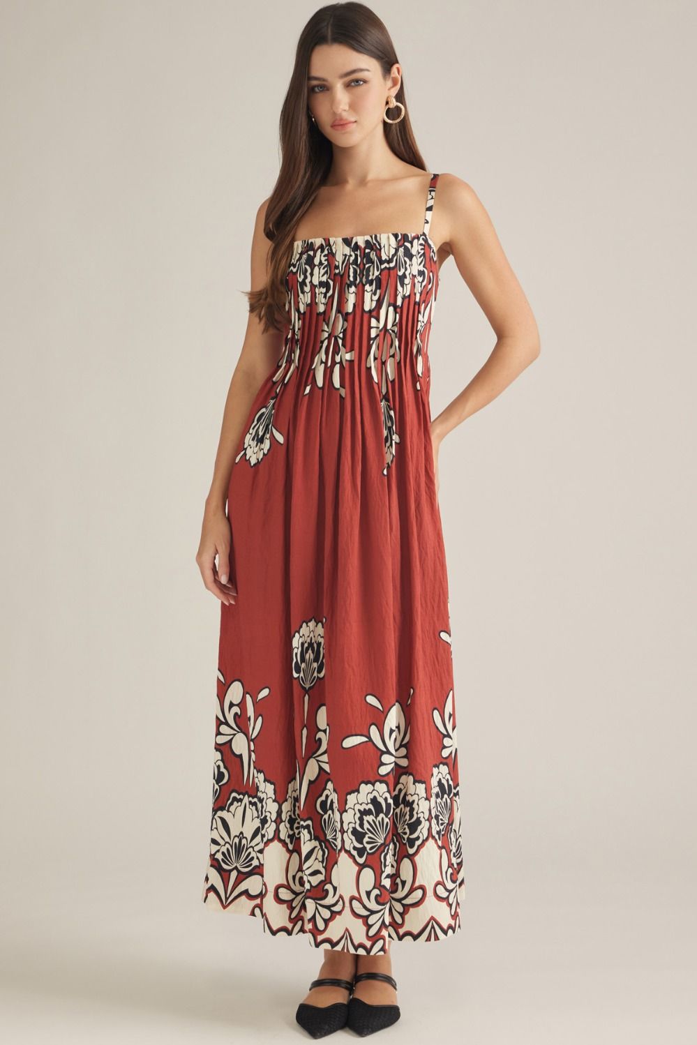 ENTRO Floral Print Maxi Dress In Brick *COMING SOON*