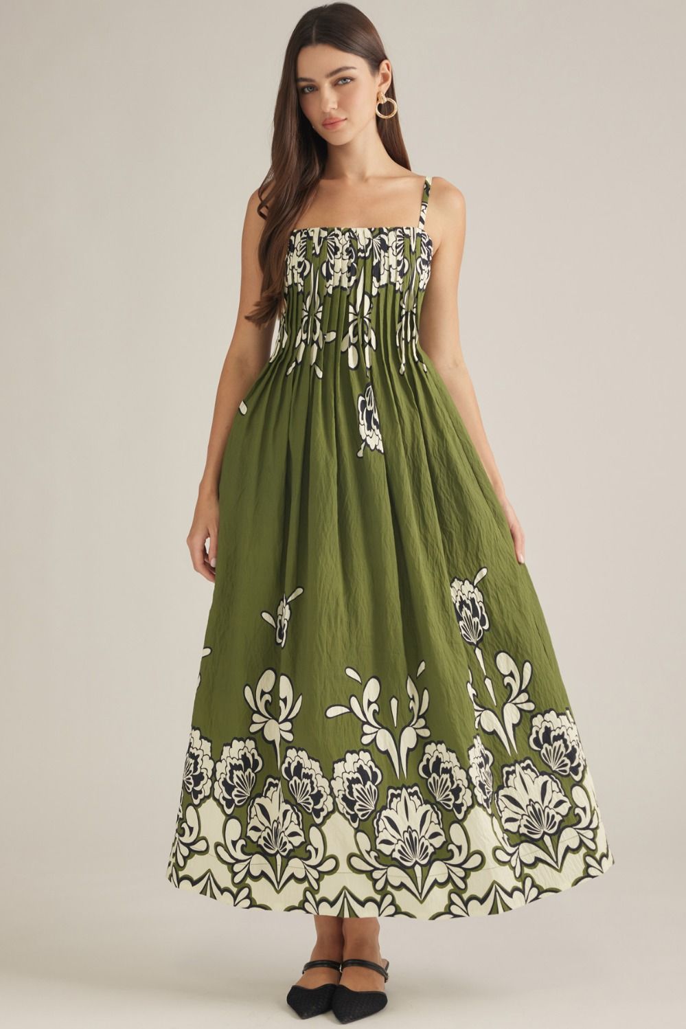 ENTRO Floral Print Maxi Dress In Olive *COMING SOON*