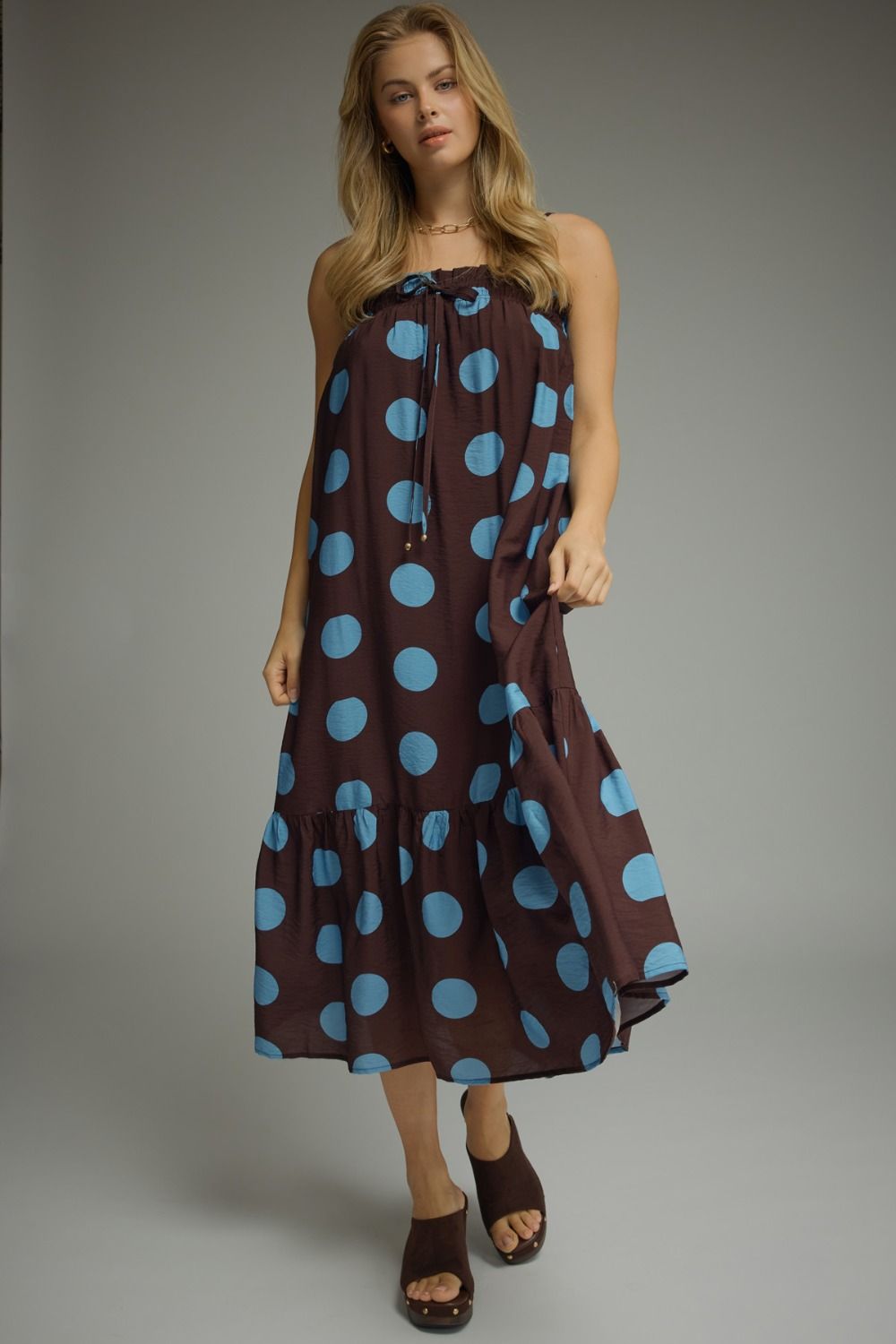 ENTRO Polka Dot Midi Dress In Dark Brown *COMING SOON*