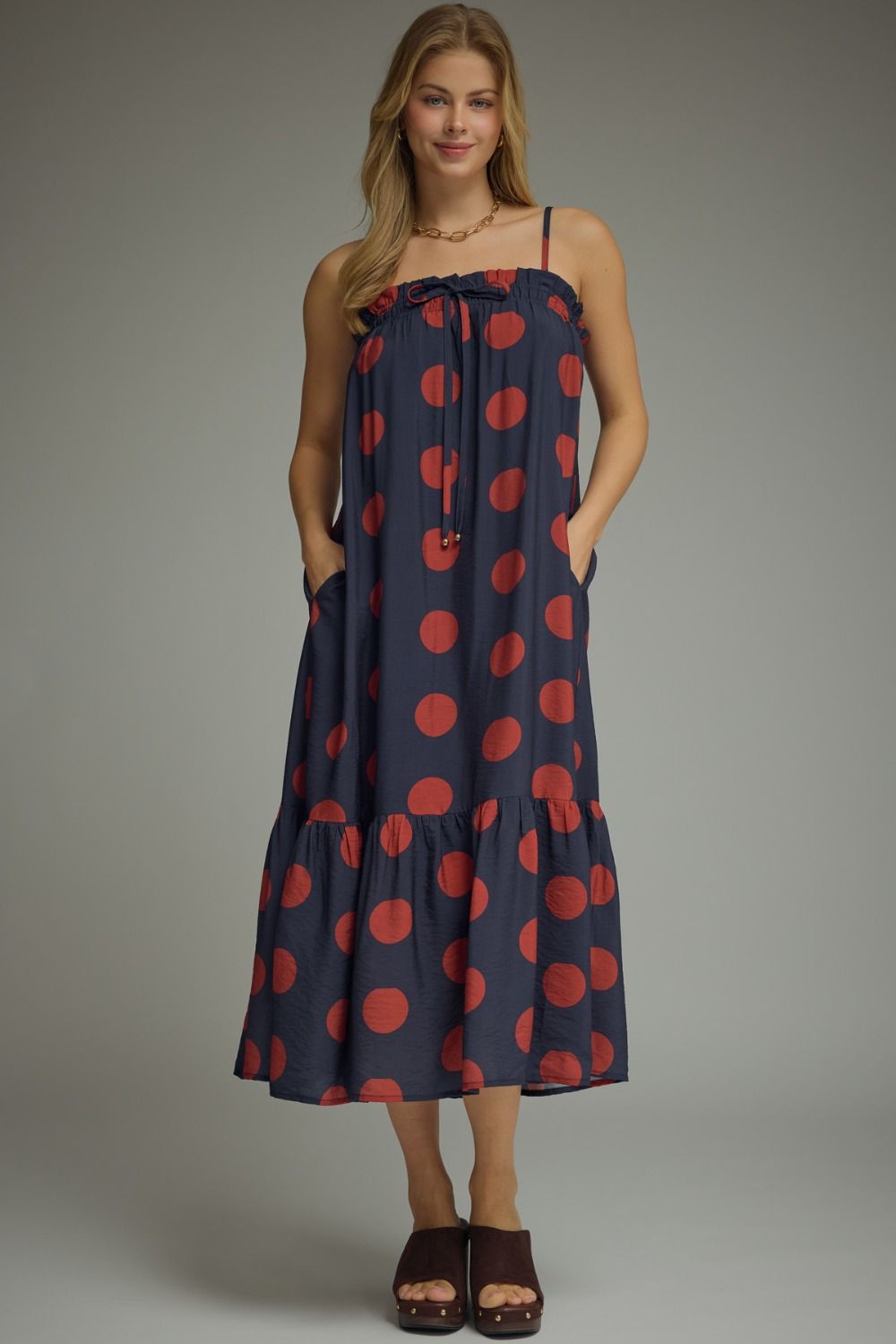 ENTRO Polka Dot Midi Dress In Dark Navy *COMING SOON*