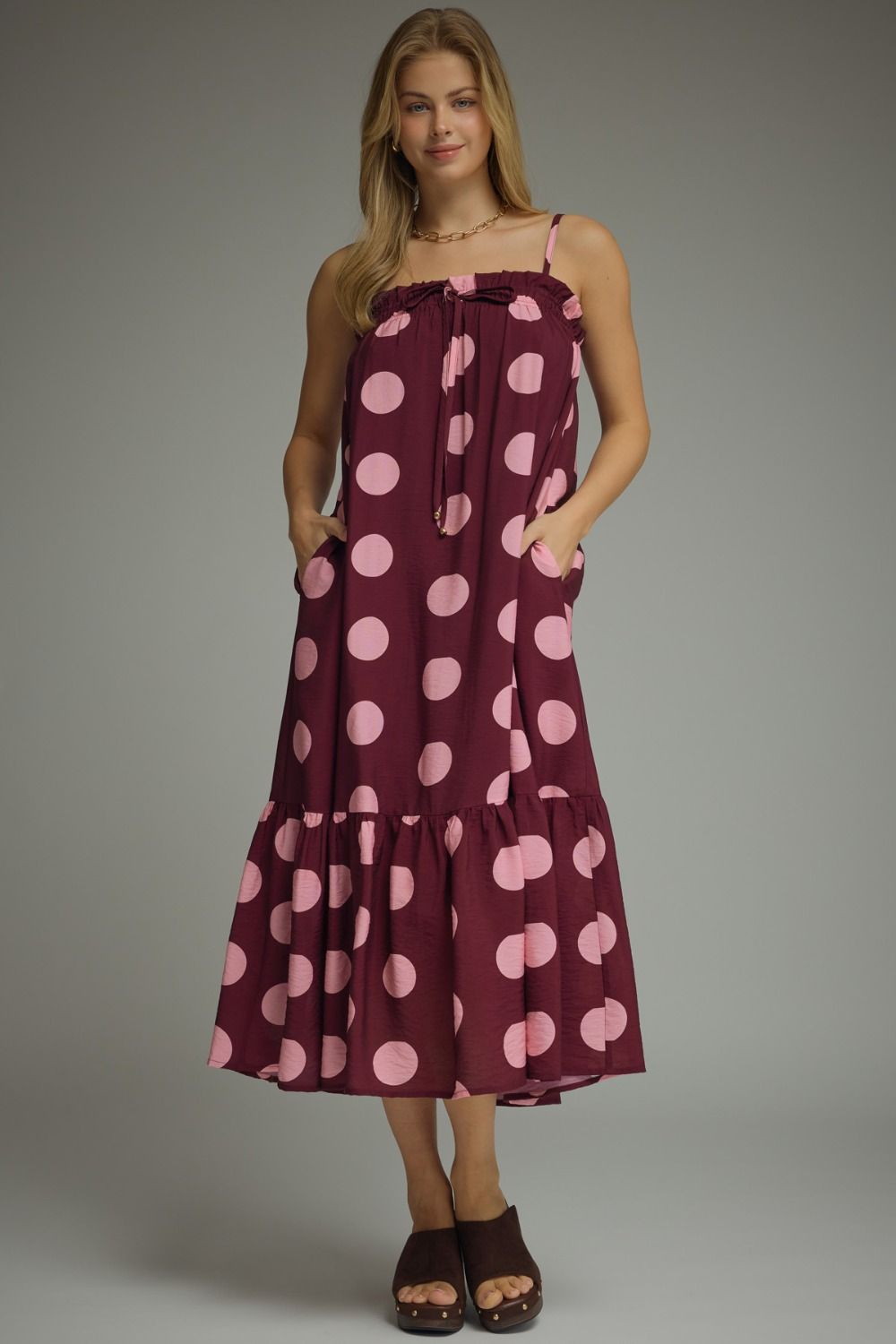 ENTRO Polka Dot Midi Dress In Plum