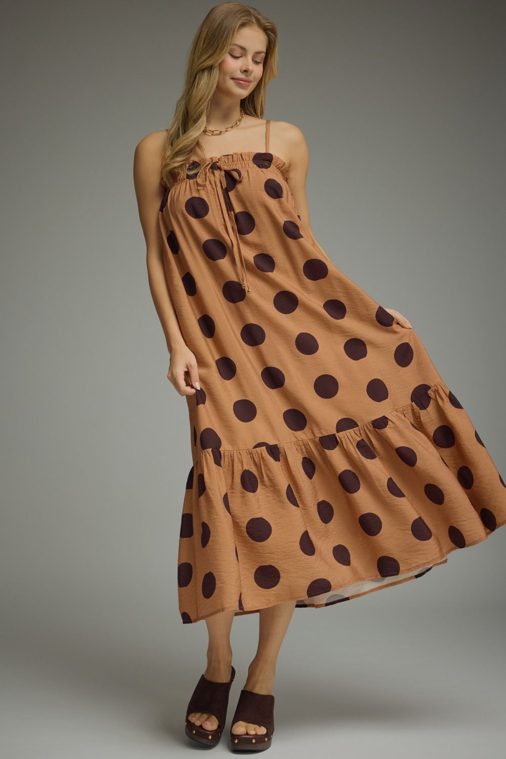 ENTRO Polka Dot Midi Dress In Toast *COMING SOON*