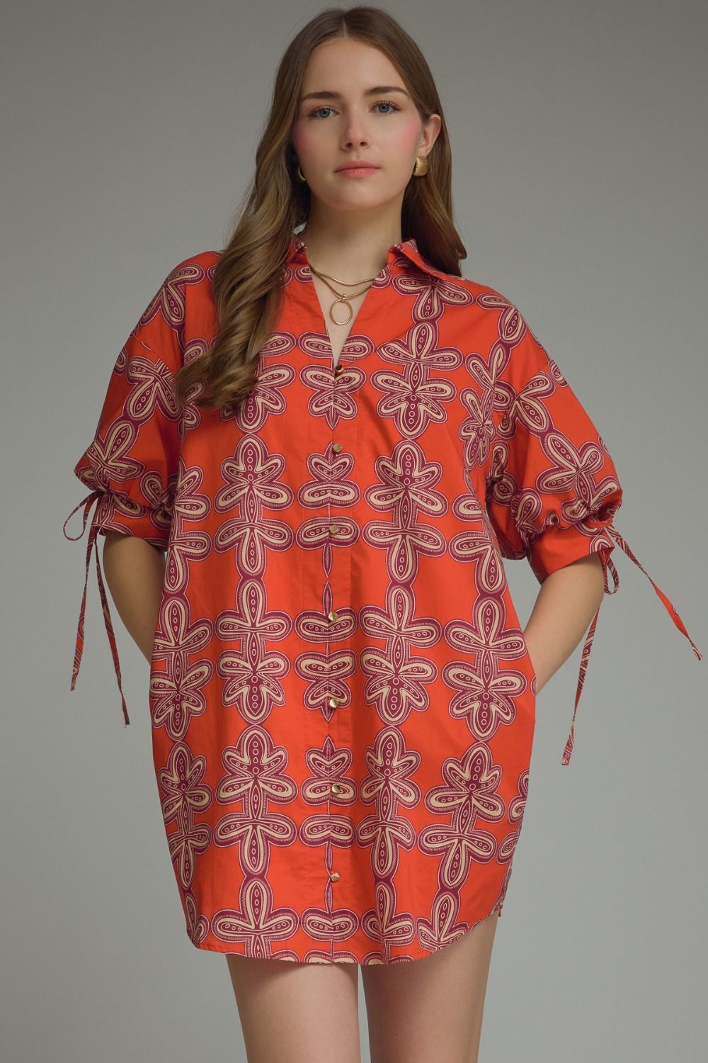 ENTRO Printed Short Sleeve Mini Dress In Red Brick