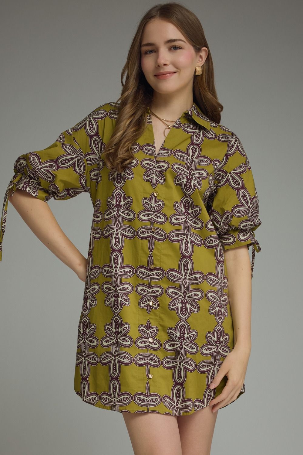 ENTRO Printed Short Sleeve Mini Dress In Martini Olive *COMING SOON*