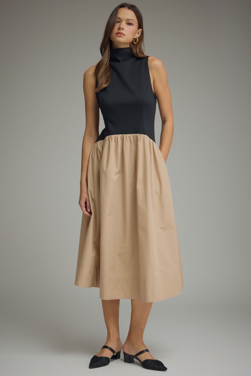 ENTRO Solid Sleeveless Mock Neck Midi Dress In Black *COMING SOON*