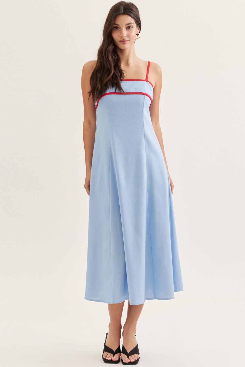 ENTRO Solid Sleeveless Midi Dress With Contrast Binding In Blue