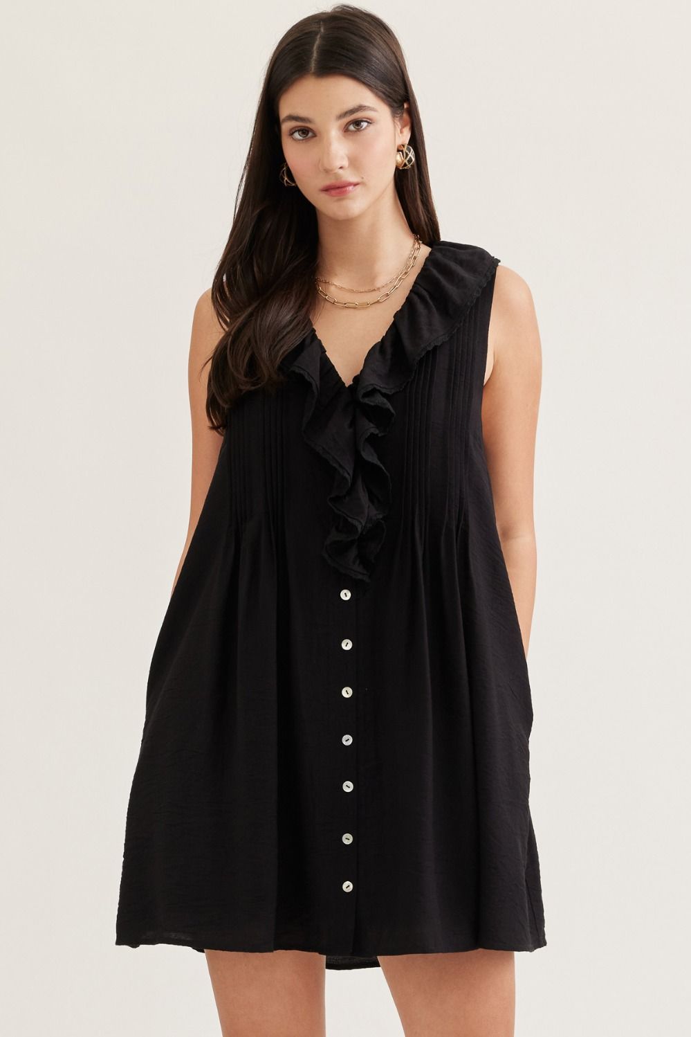Entro Solid Ruffle V Neck Mini Dress In Black