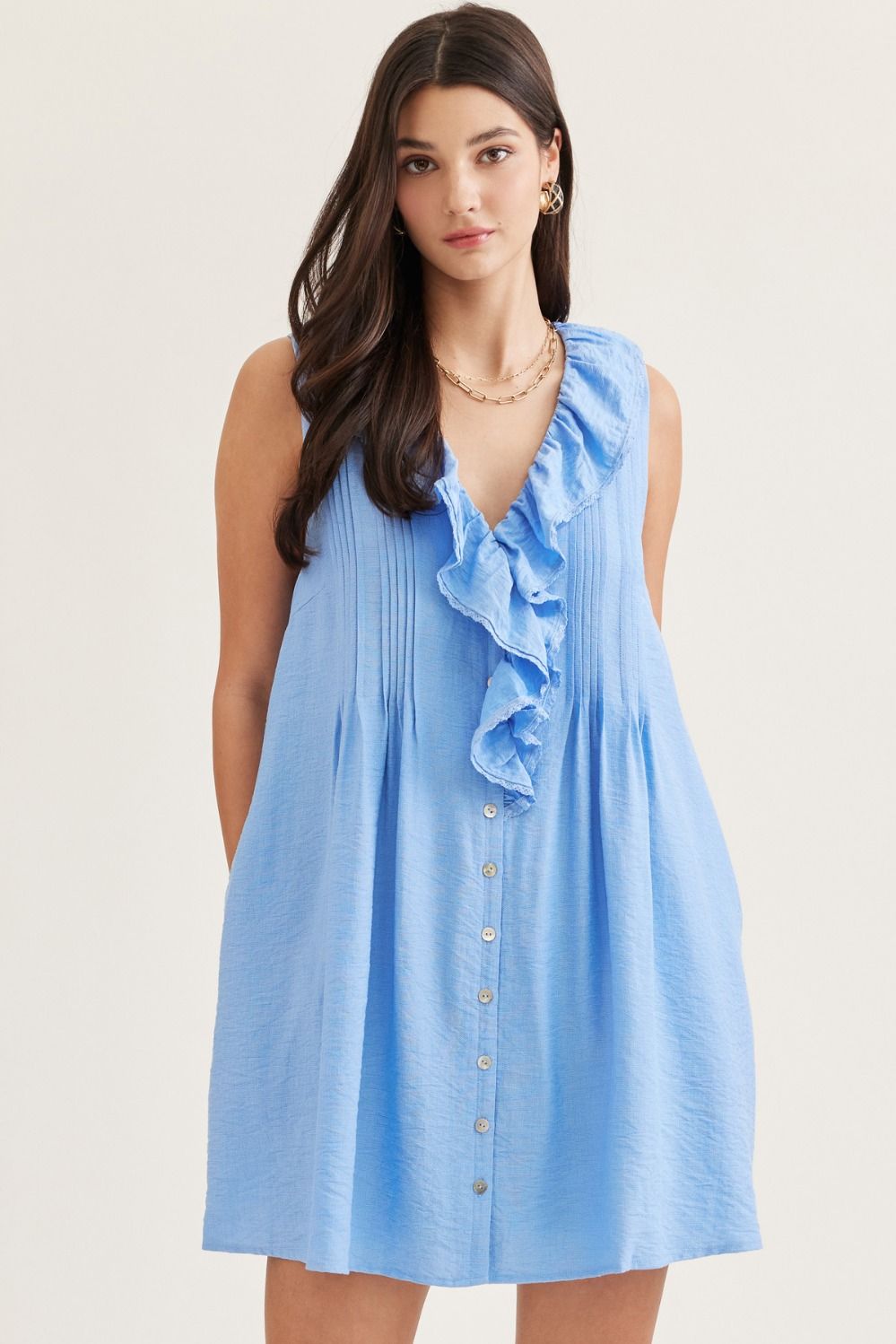 Entro Solid Ruffle V Neck Mini Dress In Blue